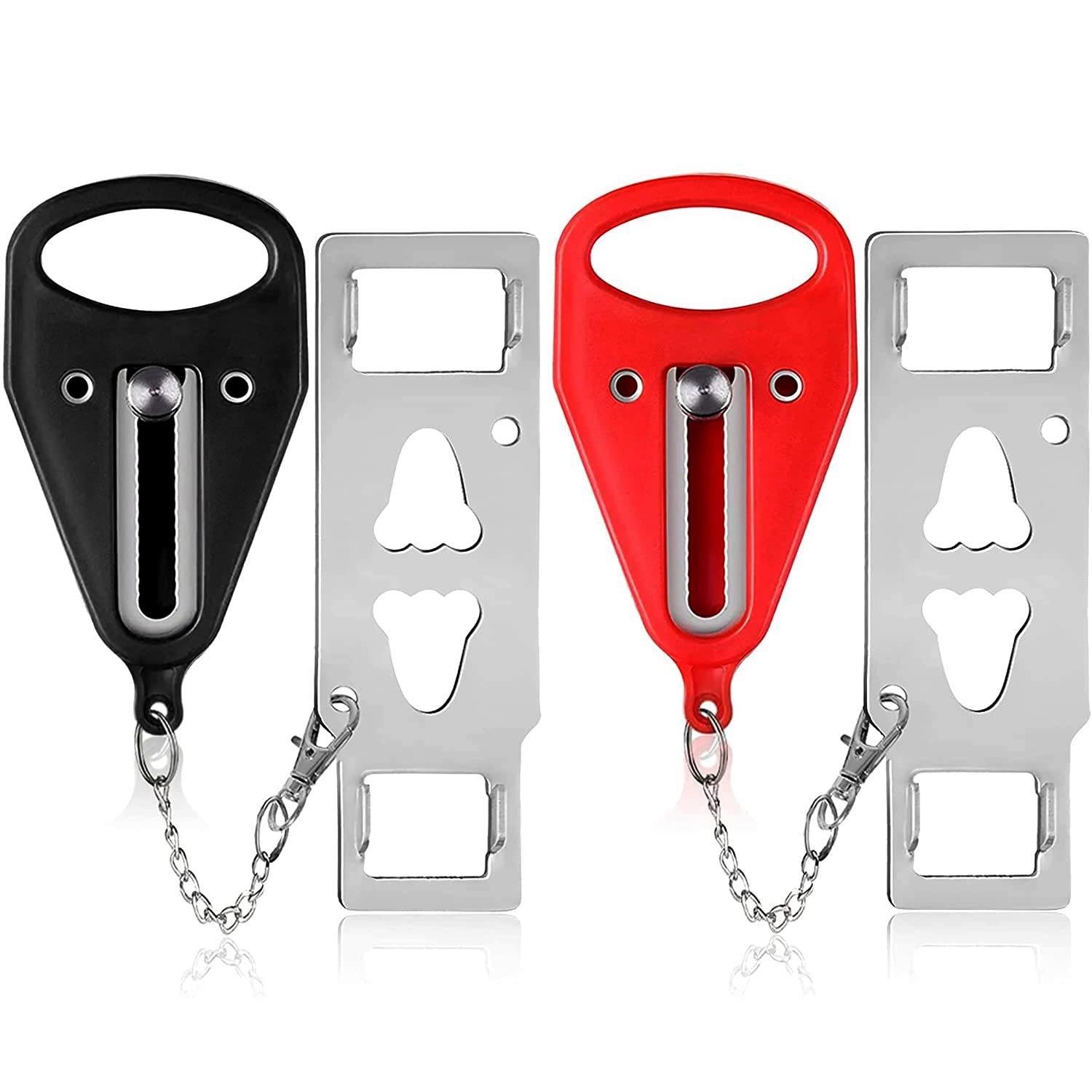 Portable travel door lock add-on in black and red with metal plate pieces