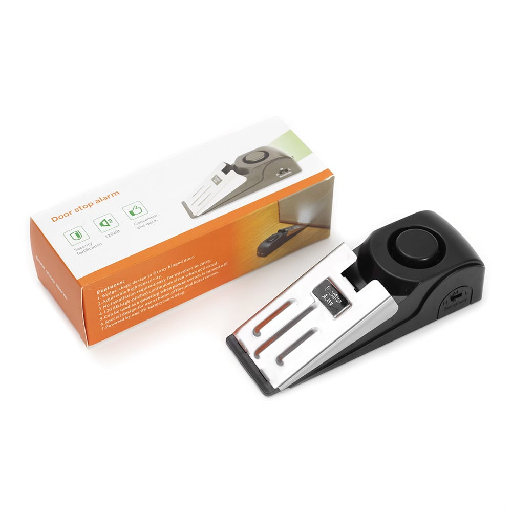 Portable door/window alarm sensor with magnetic sensor piece shown with packaging and close-up views.