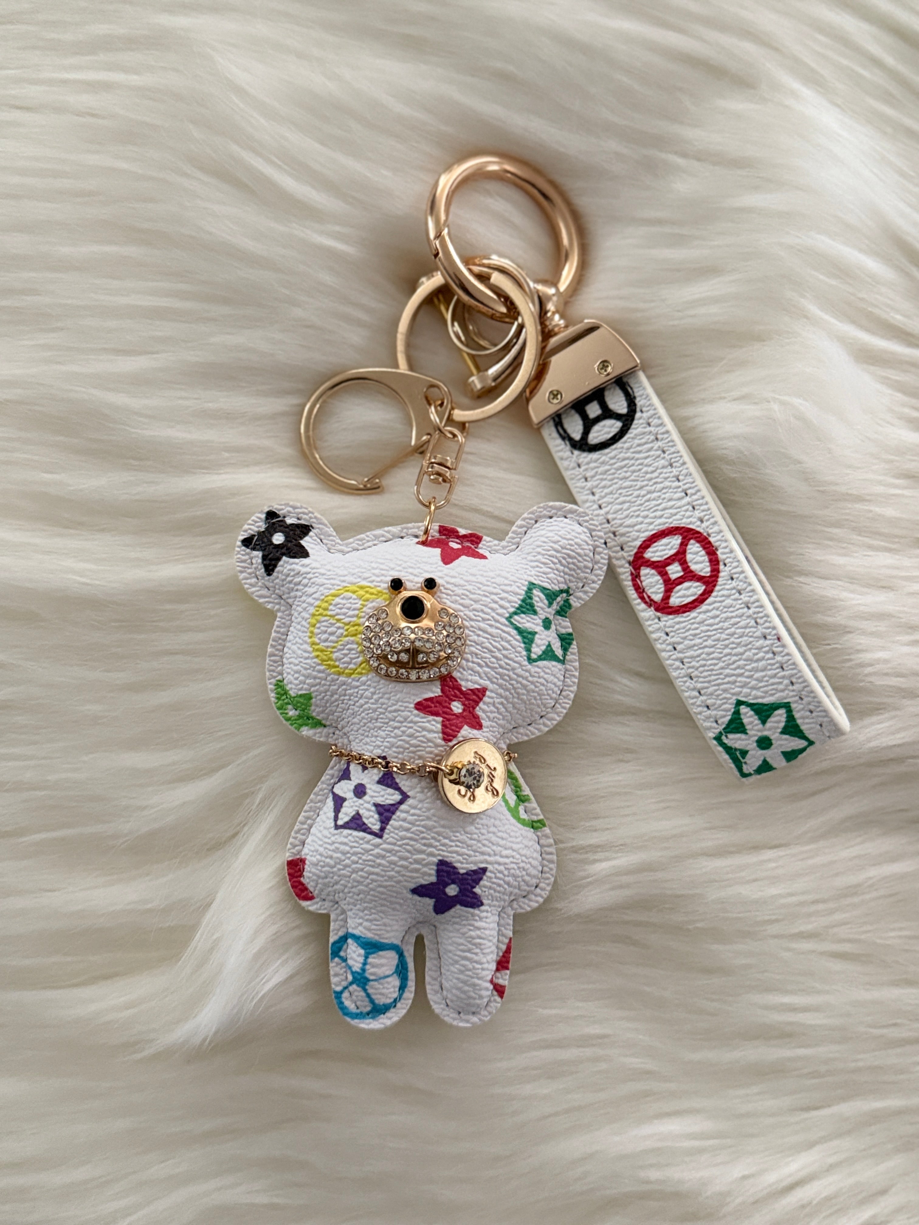 White teddy charm keychain with matching strap and clasp