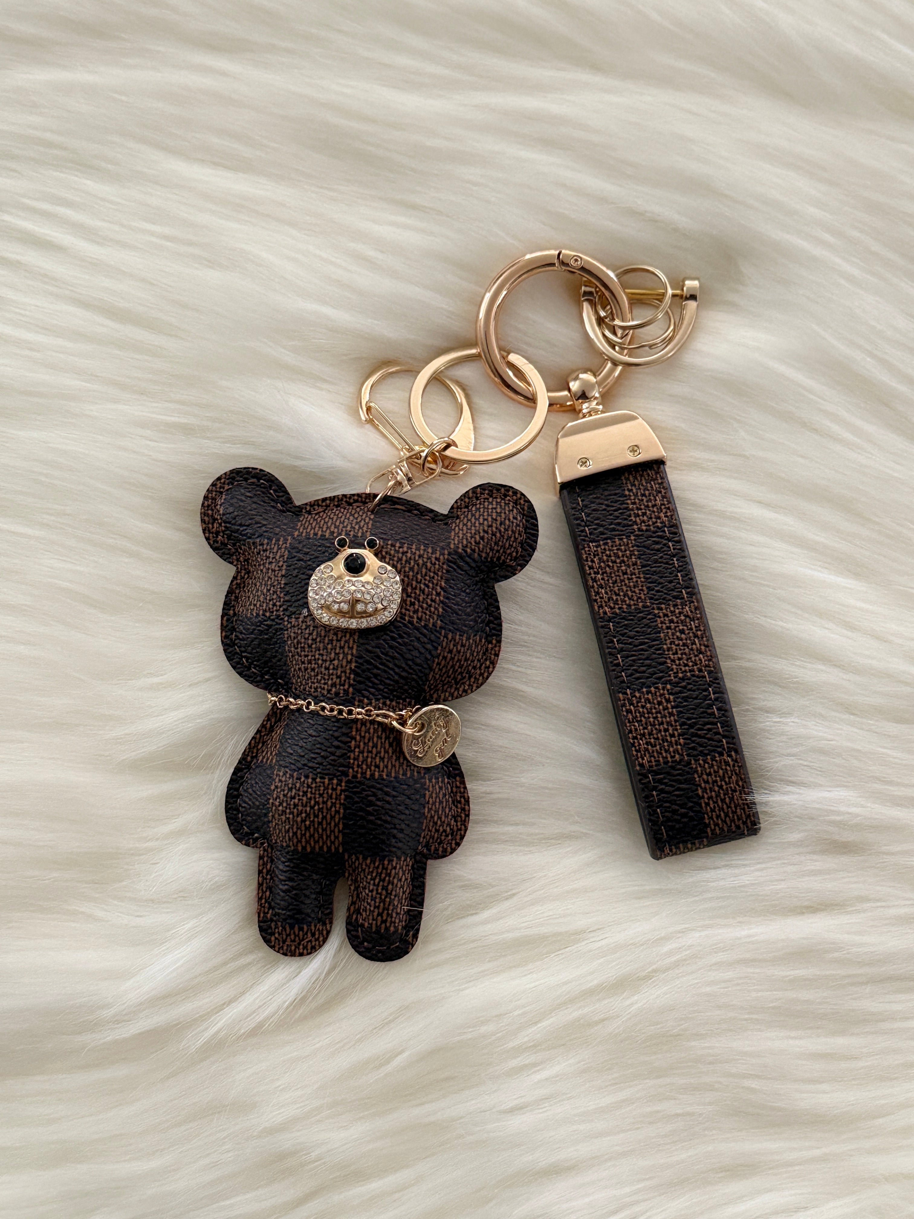 Brown Plaid teddy charm keychain with matching strap and clasp.