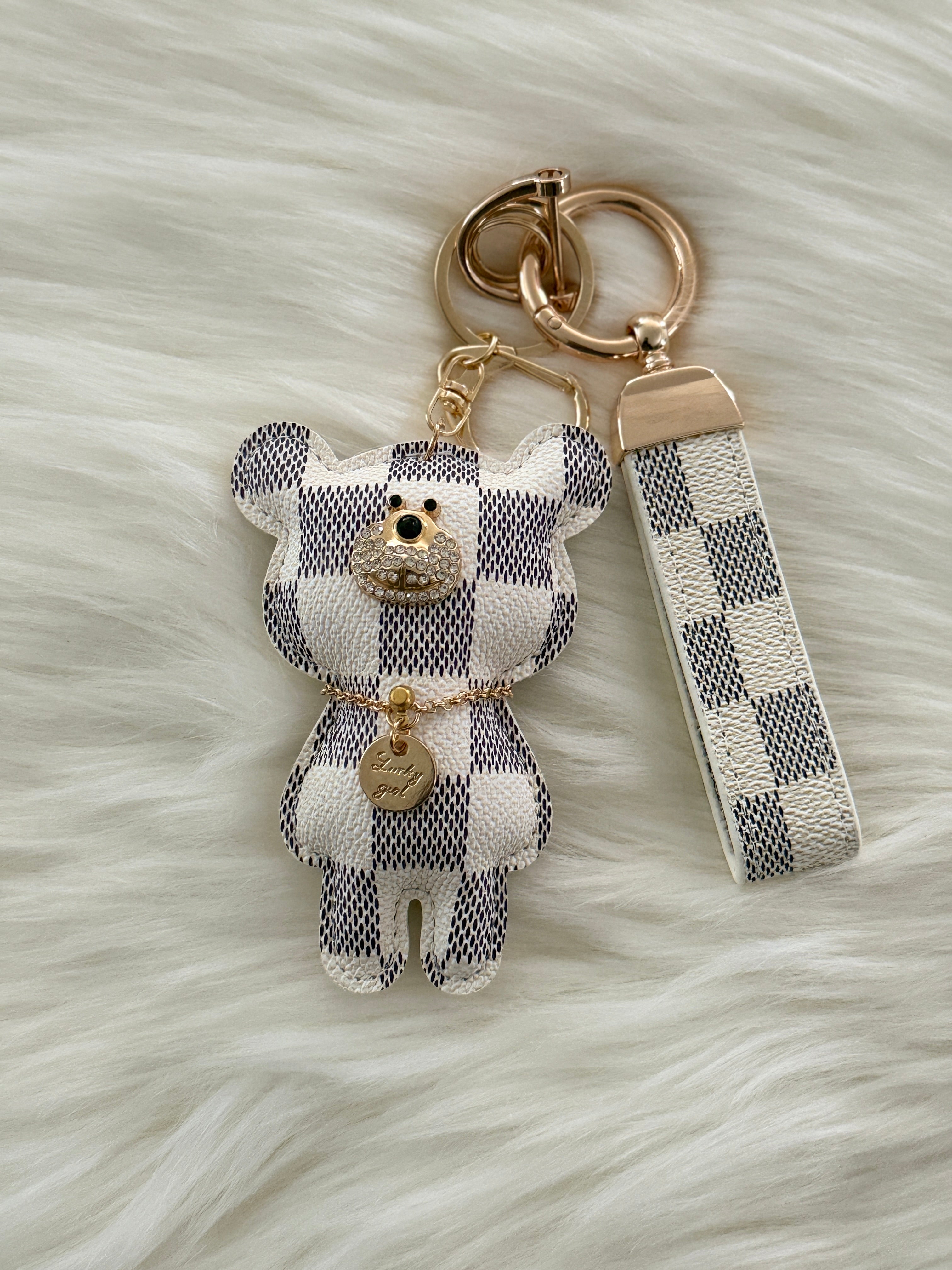 Grey Plaid teddy charm keychain with matching strap and clasp.