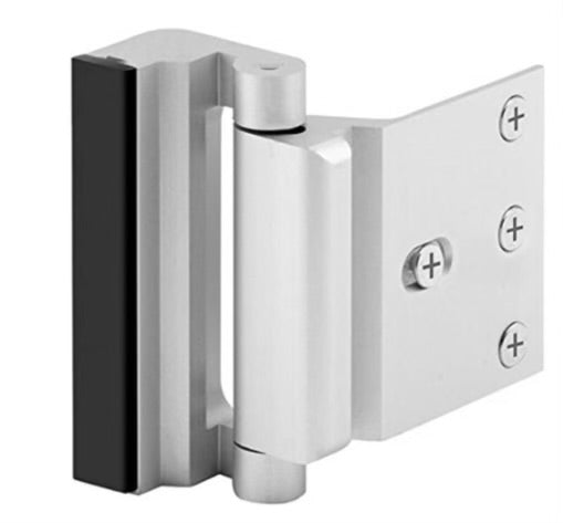 Home door lock shown installed on a door with lock/unlock instructions and product dimensions.