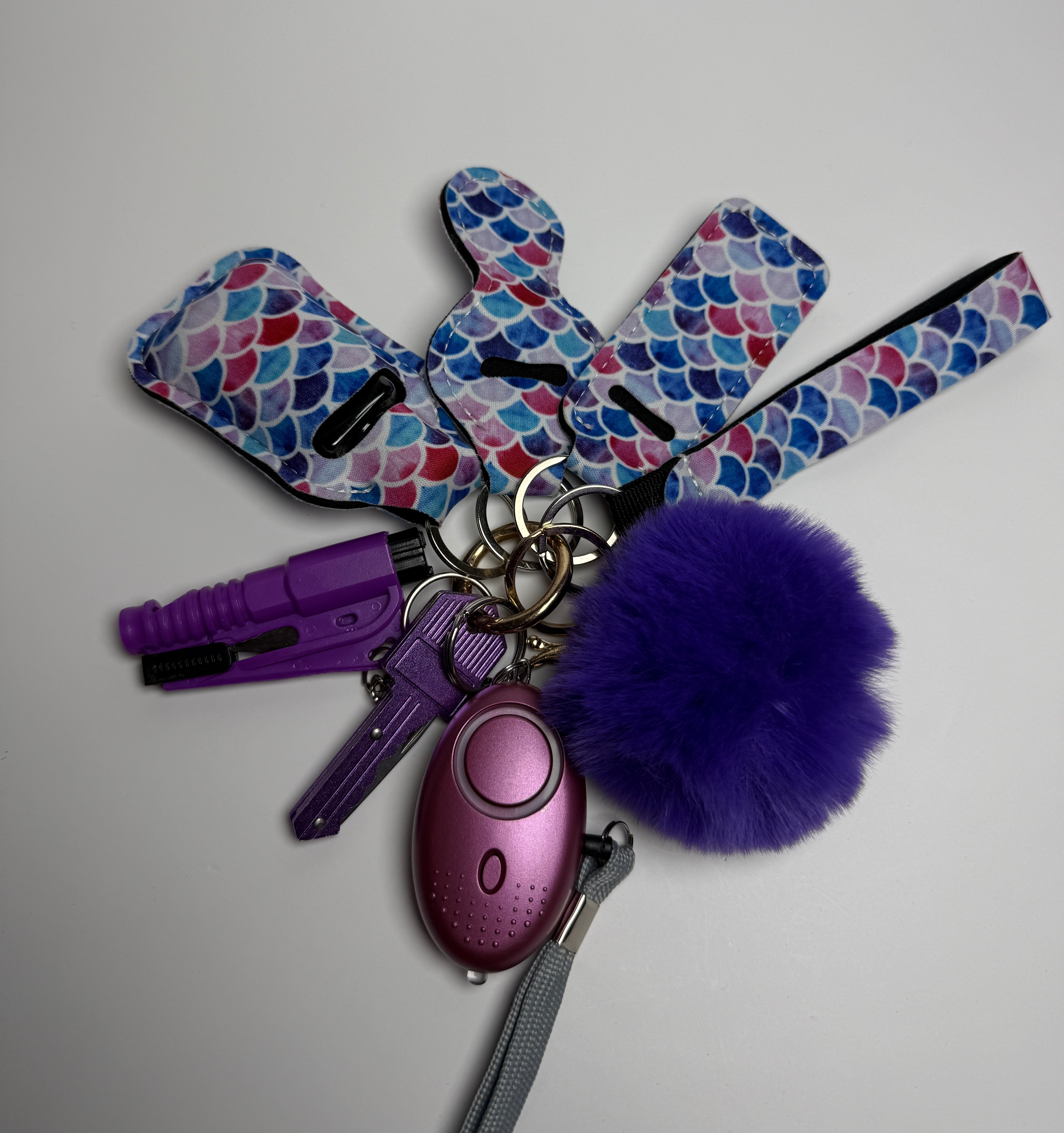Purple Mermaid Wristlet Keychain Set (Pom + Personal Alarm)