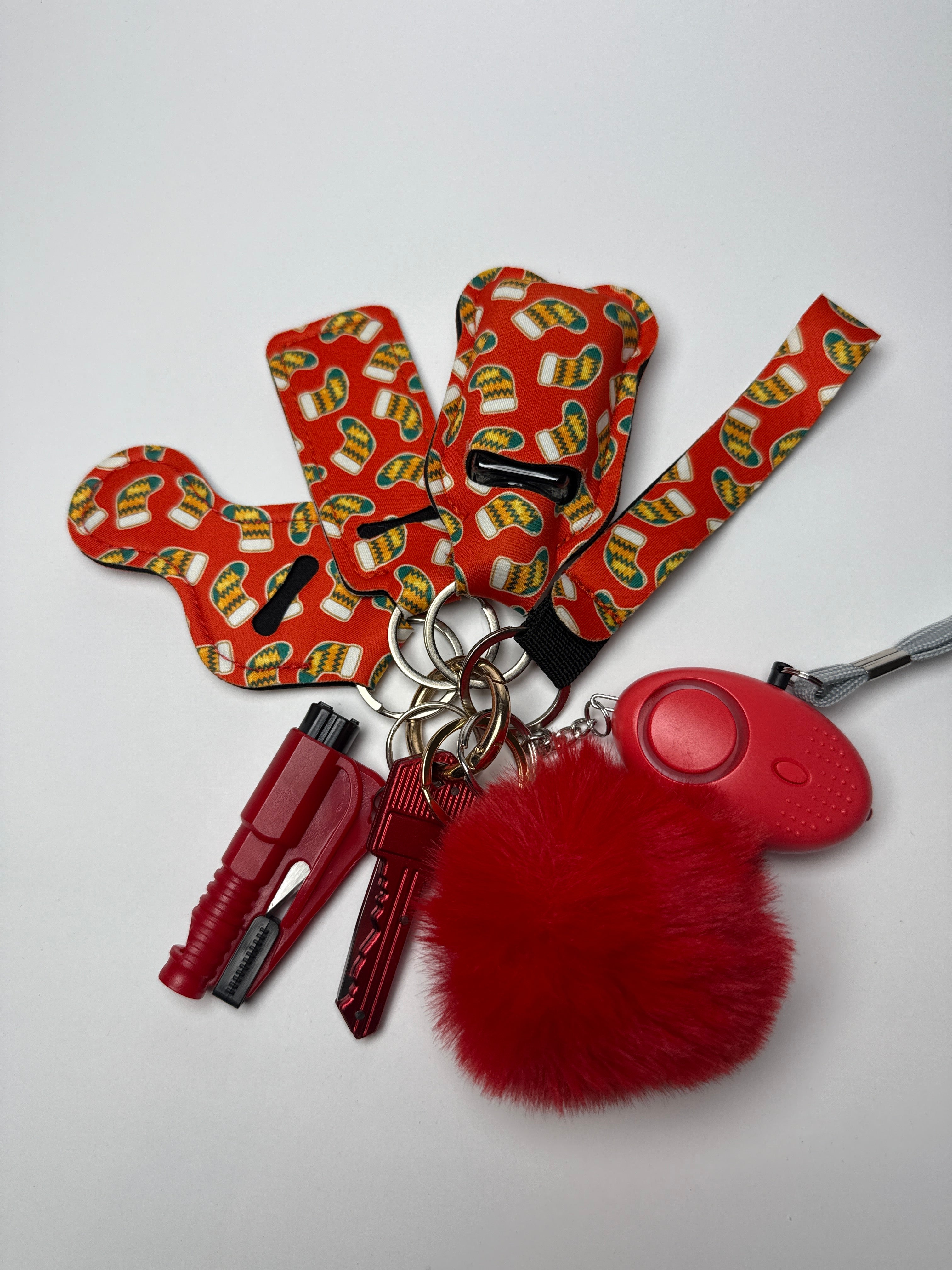 Holiday Sock print, tacos, red, wristlet keychain, keychain set, pom charm, personal alarm, mini light, key accessories, gift for her, everyday essentials