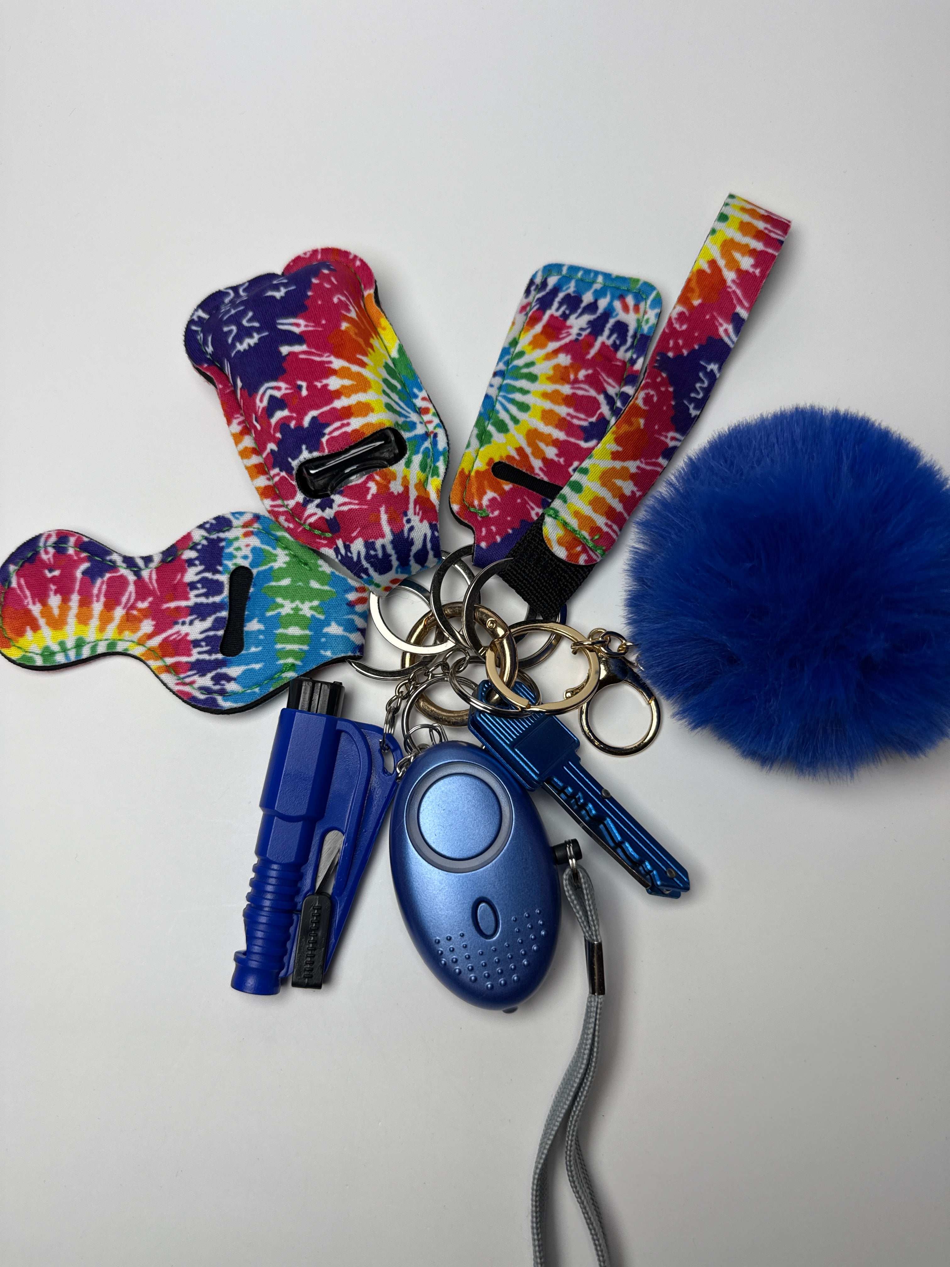 Tie-Dye Wristlet Keychain Set (Blue Pom + Personal Alarm + Mini Light)