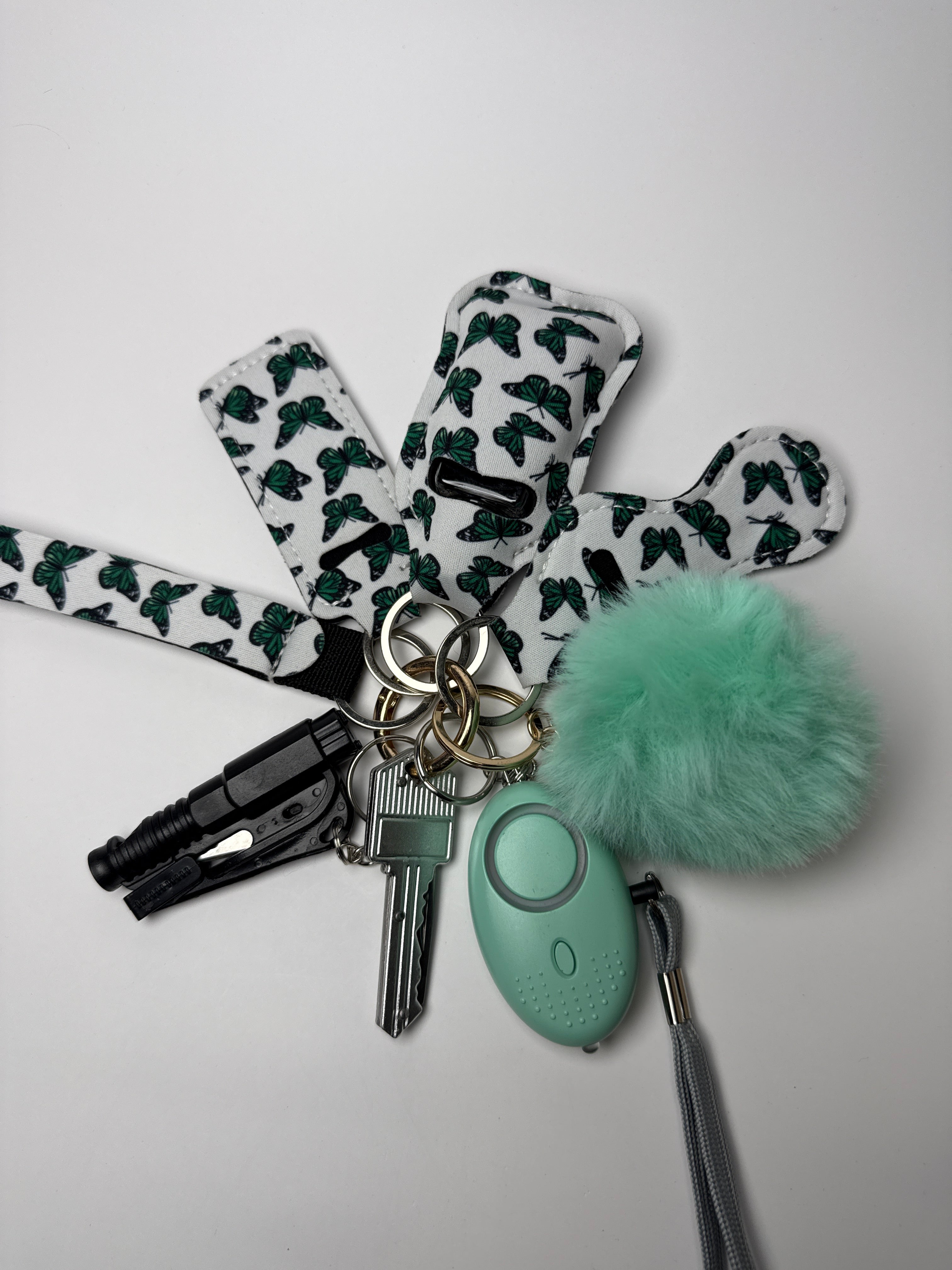 Butterfly Print Wristlet Keychain Set (Mint Pom + Personal Alarm + Mini Light)